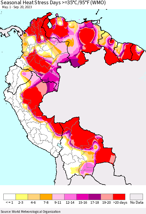Northern South America Seasonal Heat Stress Days >=35°C/95°F (WMO) Thematic Map For 5/1/2023 - 9/20/2023