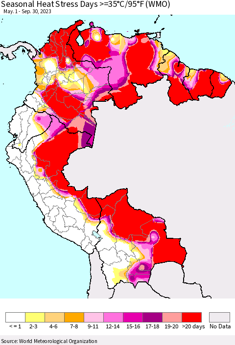 Northern South America Seasonal Heat Stress Days >=35°C/95°F (WMO) Thematic Map For 5/1/2023 - 9/30/2023