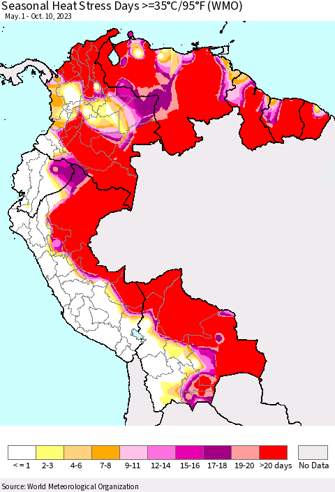 Northern South America Seasonal Heat Stress Days >=35°C/95°F (WMO) Thematic Map For 5/1/2023 - 10/10/2023