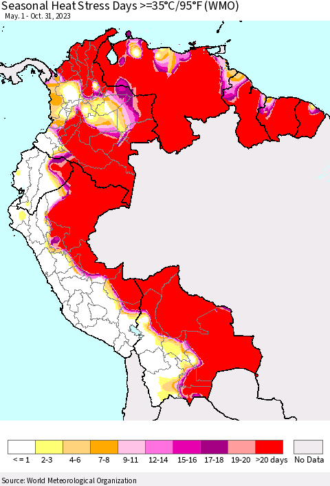 Northern South America Seasonal Heat Stress Days >=35°C/95°F (WMO) Thematic Map For 5/1/2023 - 10/31/2023