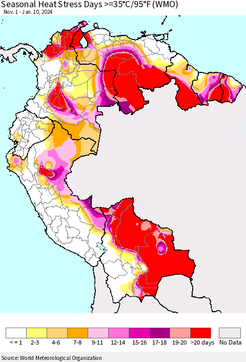 Northern South America Seasonal Heat Stress Days >=35°C/95°F (WMO) Thematic Map For 11/1/2023 - 1/10/2024