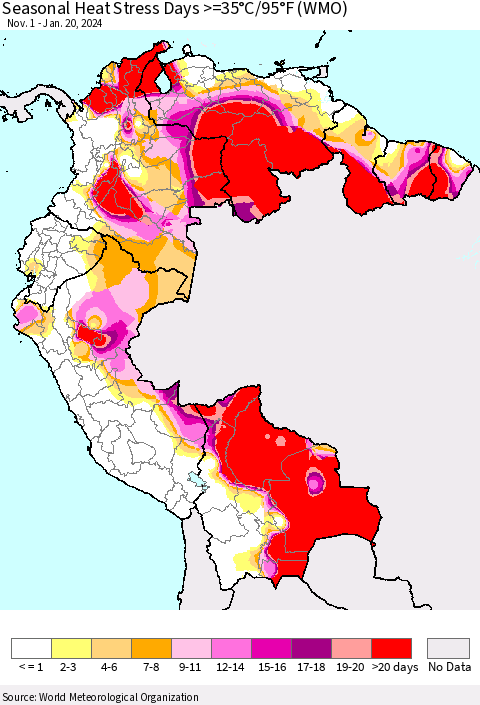 Northern South America Seasonal Heat Stress Days >=35°C/95°F (WMO) Thematic Map For 11/1/2023 - 1/20/2024