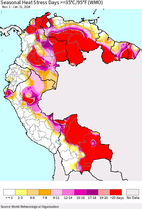 Northern South America Seasonal Heat Stress Days >=35°C/95°F (WMO) Thematic Map For 11/1/2023 - 1/31/2024