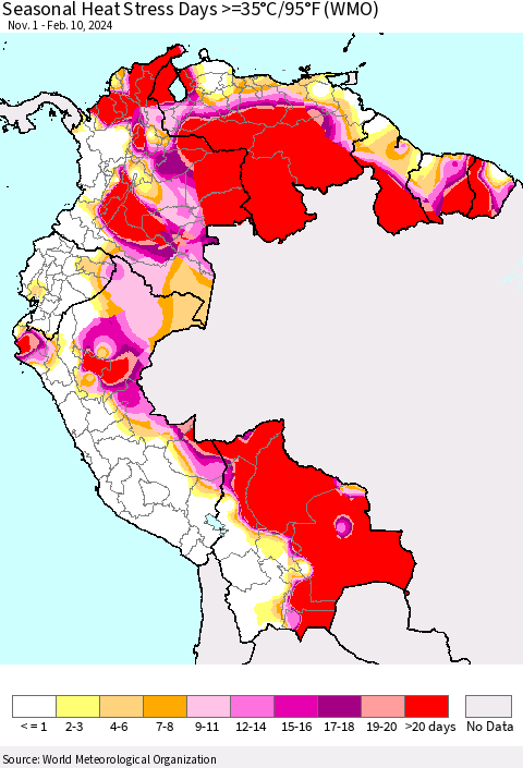 Northern South America Seasonal Heat Stress Days >=35°C/95°F (WMO) Thematic Map For 11/1/2023 - 2/10/2024