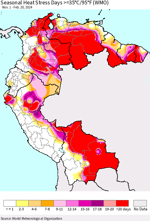 Northern South America Seasonal Heat Stress Days >=35°C/95°F (WMO) Thematic Map For 11/1/2023 - 2/20/2024