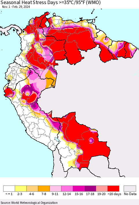 Northern South America Seasonal Heat Stress Days >=35°C/95°F (WMO) Thematic Map For 11/1/2023 - 2/29/2024