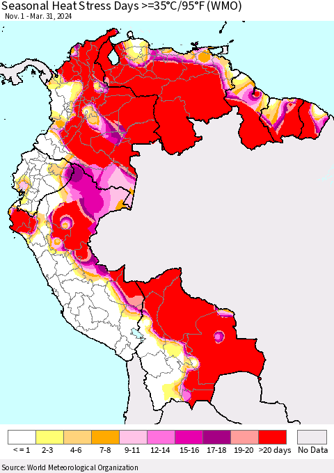 Northern South America Seasonal Heat Stress Days >=35°C/95°F (WMO) Thematic Map For 11/1/2023 - 3/31/2024