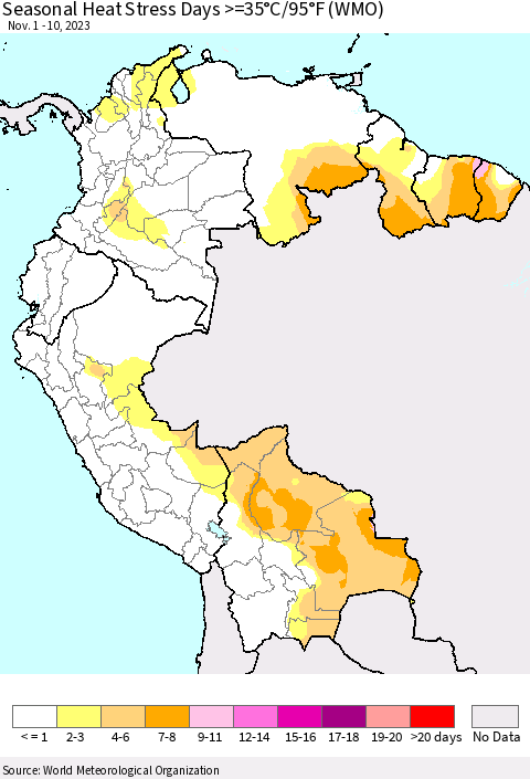 Northern South America Seasonal Heat Stress Days >=35°C/95°F (WMO) Thematic Map For 11/1/2023 - 11/10/2023