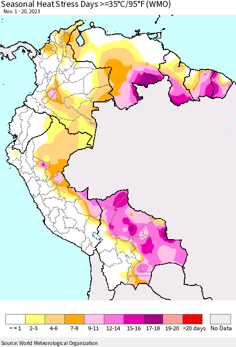 Northern South America Seasonal Heat Stress Days >=35°C/95°F (WMO) Thematic Map For 11/1/2023 - 11/20/2023