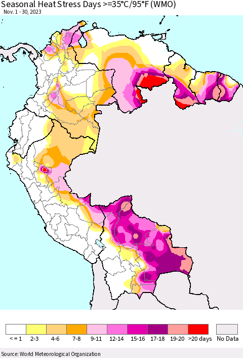 Northern South America Seasonal Heat Stress Days >=35°C/95°F (WMO) Thematic Map For 11/1/2023 - 11/30/2023