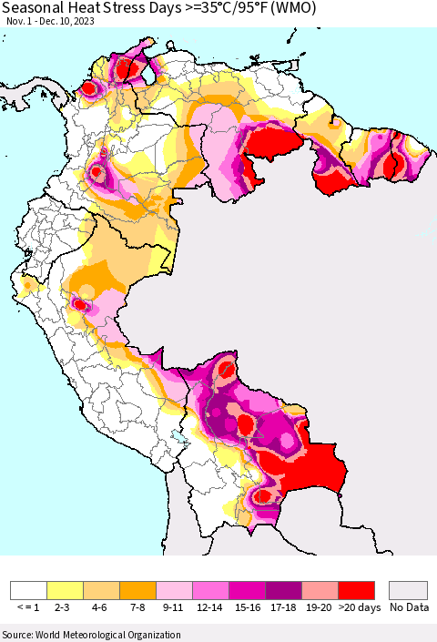 Northern South America Seasonal Heat Stress Days >=35°C/95°F (WMO) Thematic Map For 11/1/2023 - 12/10/2023