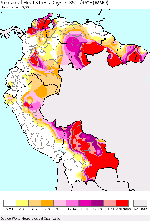Northern South America Seasonal Heat Stress Days >=35°C/95°F (WMO) Thematic Map For 11/1/2023 - 12/20/2023