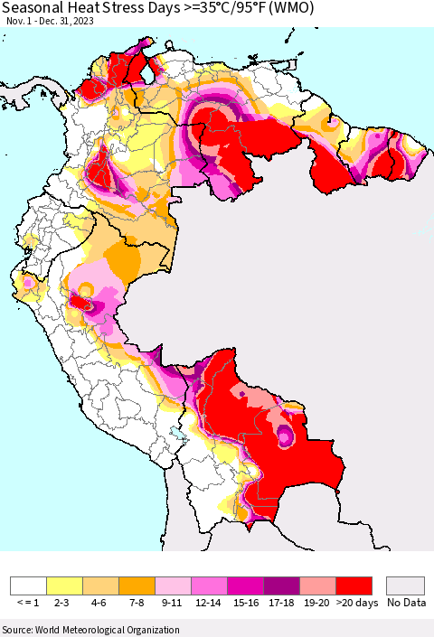 Northern South America Seasonal Heat Stress Days >=35°C/95°F (WMO) Thematic Map For 11/1/2023 - 12/31/2023