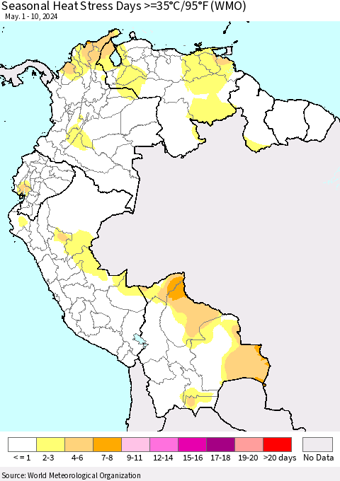 Northern South America Seasonal Heat Stress Days >=35°C/95°F (WMO) Thematic Map For 5/1/2024 - 5/10/2024