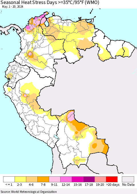 Northern South America Seasonal Heat Stress Days >=35°C/95°F (WMO) Thematic Map For 5/1/2024 - 5/20/2024