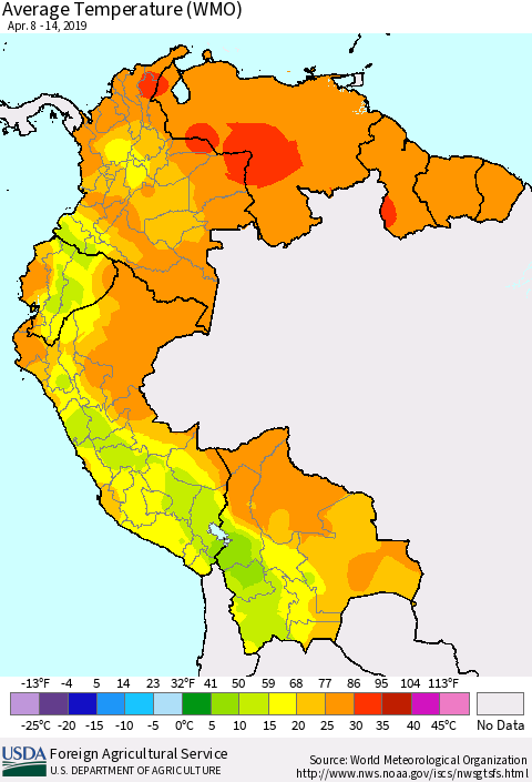Northern South America Average Temperature (WMO) Thematic Map For 4/8/2019 - 4/14/2019