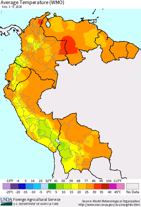 Northern South America Average Temperature (WMO) Thematic Map For 2/3/2020 - 2/9/2020