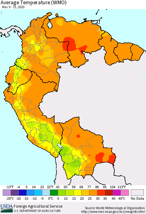 Northern South America Average Temperature (WMO) Thematic Map For 3/9/2020 - 3/15/2020