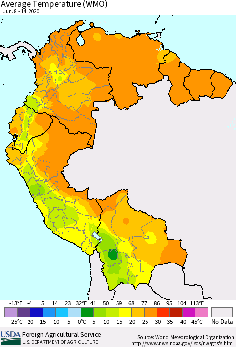 Northern South America Average Temperature (WMO) Thematic Map For 6/8/2020 - 6/14/2020