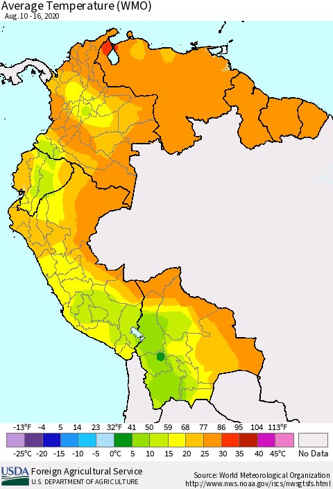 Northern South America Average Temperature (WMO) Thematic Map For 8/10/2020 - 8/16/2020