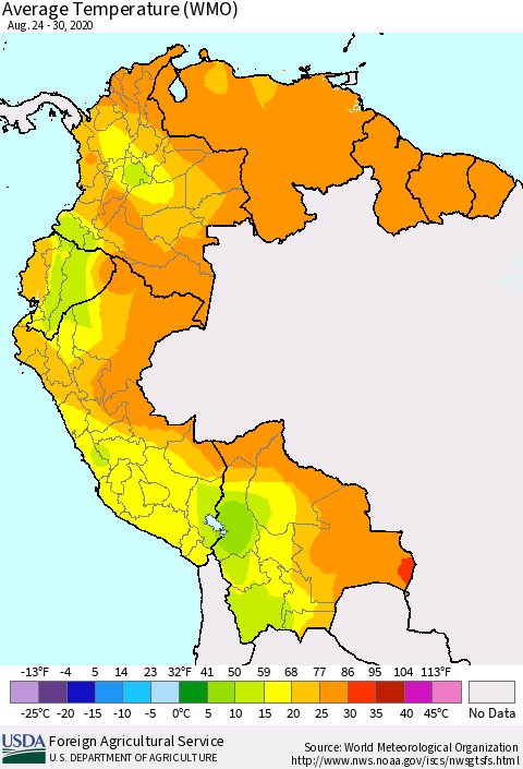 Northern South America Average Temperature (WMO) Thematic Map For 8/24/2020 - 8/30/2020