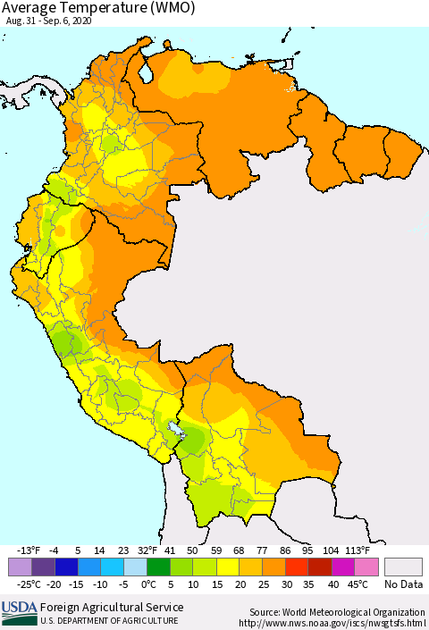 Northern South America Average Temperature (WMO) Thematic Map For 8/31/2020 - 9/6/2020