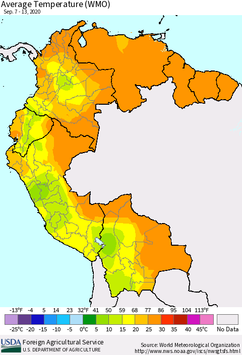 Northern South America Average Temperature (WMO) Thematic Map For 9/7/2020 - 9/13/2020