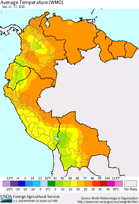 Northern South America Average Temperature (WMO) Thematic Map For 9/21/2020 - 9/27/2020