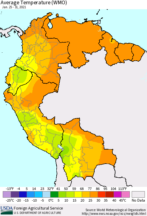 Northern South America Average Temperature (WMO) Thematic Map For 1/25/2021 - 1/31/2021