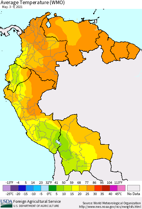 Northern South America Average Temperature (WMO) Thematic Map For 5/3/2021 - 5/9/2021