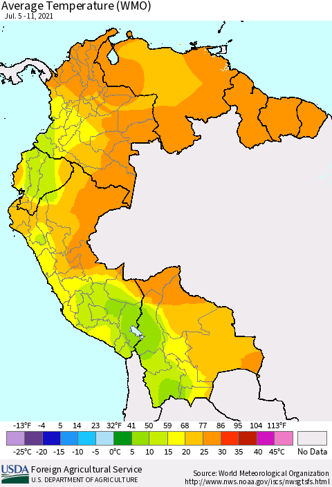 Northern South America Average Temperature (WMO) Thematic Map For 7/5/2021 - 7/11/2021