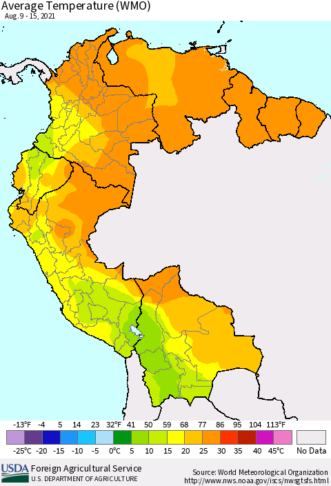 Northern South America Average Temperature (WMO) Thematic Map For 8/9/2021 - 8/15/2021