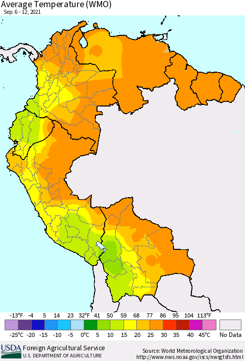 Northern South America Average Temperature (WMO) Thematic Map For 9/6/2021 - 9/12/2021