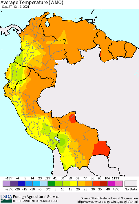 Northern South America Average Temperature (WMO) Thematic Map For 9/27/2021 - 10/3/2021