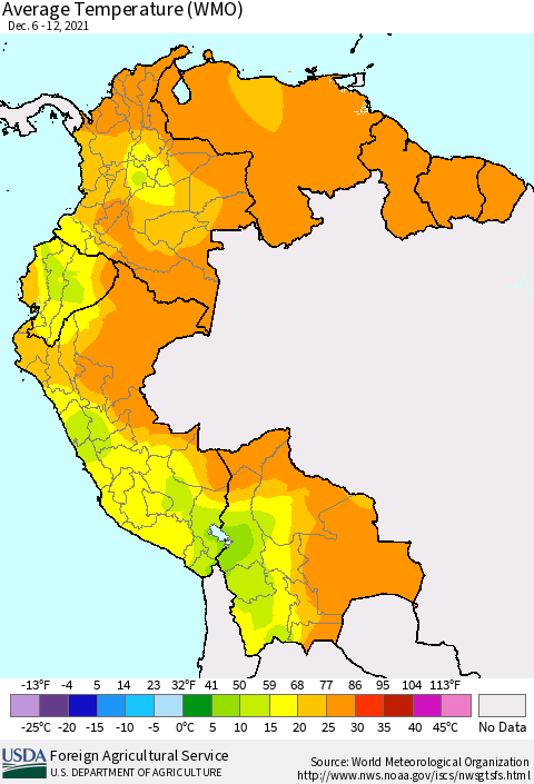 Northern South America Average Temperature (WMO) Thematic Map For 12/6/2021 - 12/12/2021
