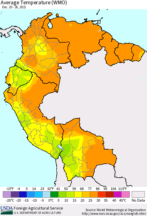 Northern South America Average Temperature (WMO) Thematic Map For 12/20/2021 - 12/26/2021