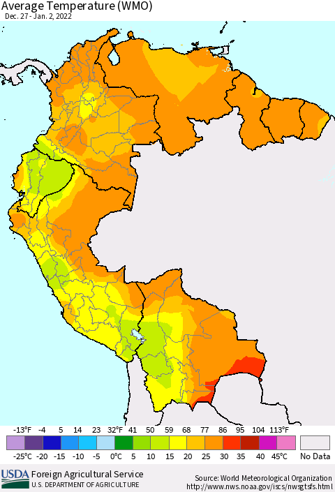 Northern South America Average Temperature (WMO) Thematic Map For 12/27/2021 - 1/2/2022