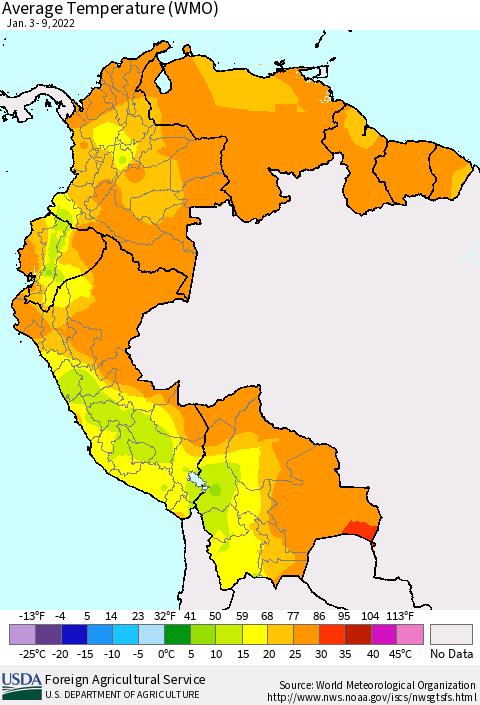Northern South America Average Temperature (WMO) Thematic Map For 1/3/2022 - 1/9/2022