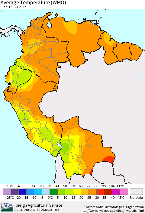 Northern South America Average Temperature (WMO) Thematic Map For 1/17/2022 - 1/23/2022