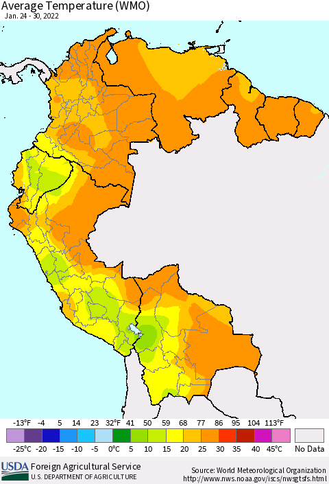 Northern South America Average Temperature (WMO) Thematic Map For 1/24/2022 - 1/30/2022