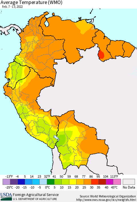 Northern South America Average Temperature (WMO) Thematic Map For 2/7/2022 - 2/13/2022