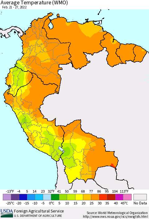 Northern South America Average Temperature (WMO) Thematic Map For 2/21/2022 - 2/27/2022