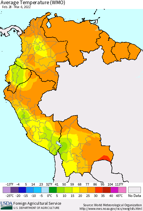 Northern South America Average Temperature (WMO) Thematic Map For 2/28/2022 - 3/6/2022