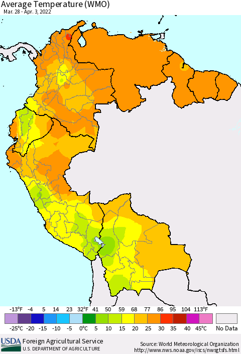 Northern South America Average Temperature (WMO) Thematic Map For 3/28/2022 - 4/3/2022