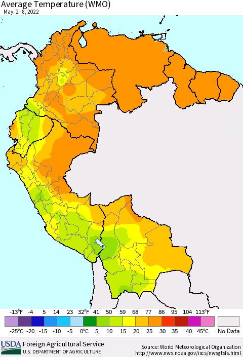 Northern South America Average Temperature (WMO) Thematic Map For 5/2/2022 - 5/8/2022