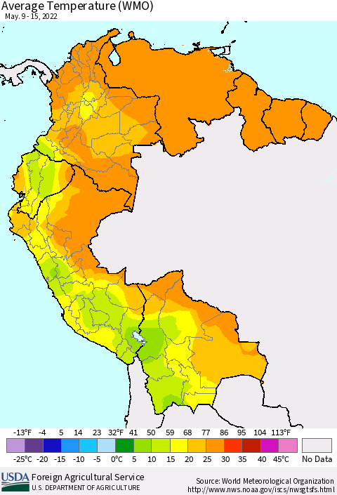 Northern South America Average Temperature (WMO) Thematic Map For 5/9/2022 - 5/15/2022