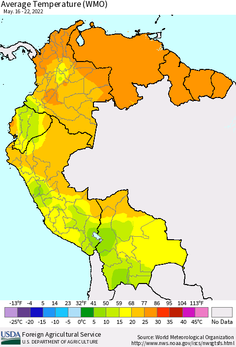 Northern South America Average Temperature (WMO) Thematic Map For 5/16/2022 - 5/22/2022