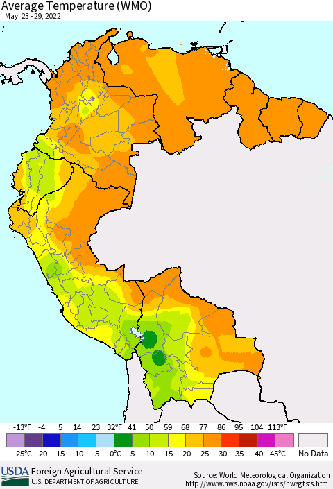 Northern South America Average Temperature (WMO) Thematic Map For 5/23/2022 - 5/29/2022