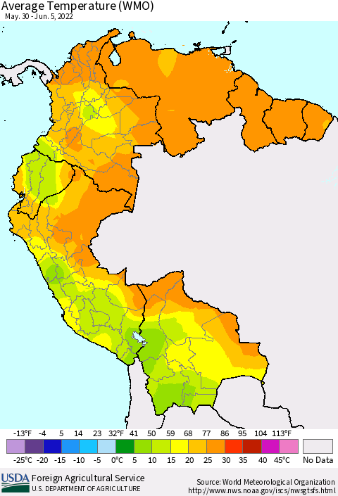 Northern South America Average Temperature (WMO) Thematic Map For 5/30/2022 - 6/5/2022
