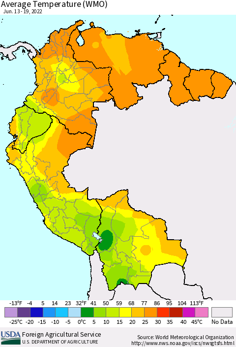 Northern South America Average Temperature (WMO) Thematic Map For 6/13/2022 - 6/19/2022